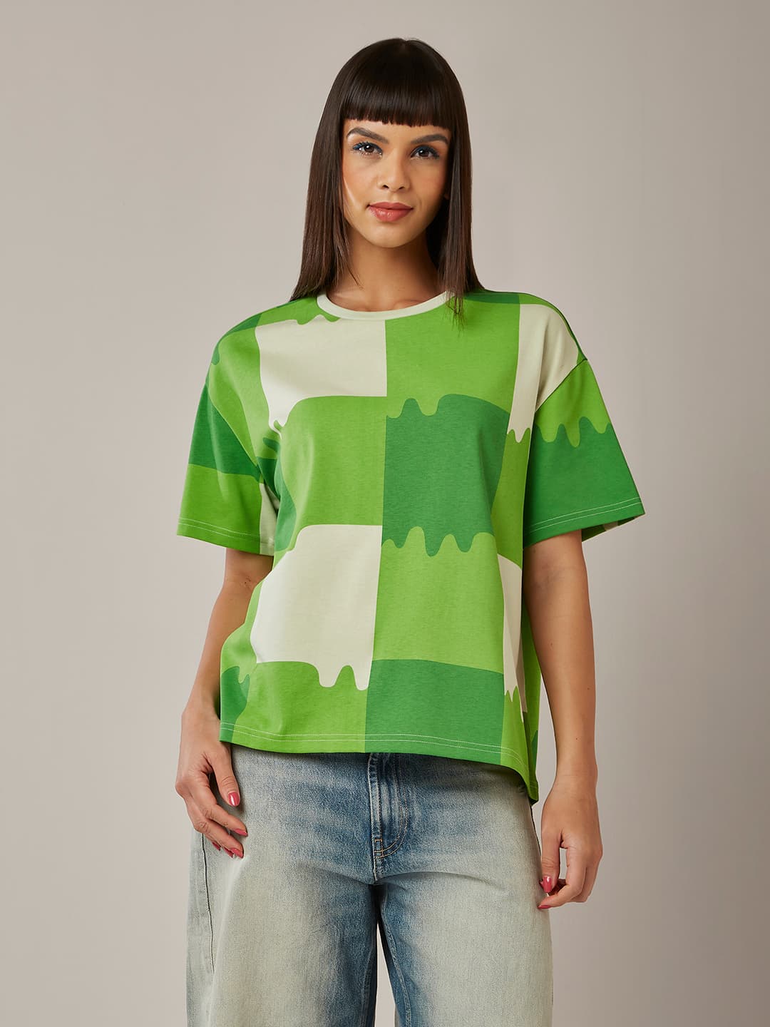 Women's Green Casual Oversized Fit Half Sleeves Tshirt