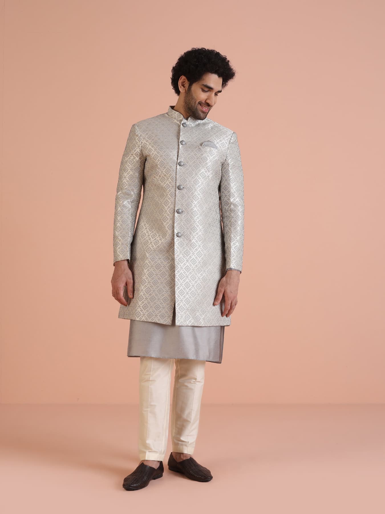 Men's Grey Party Woven Design Kurta Sherwani Set
