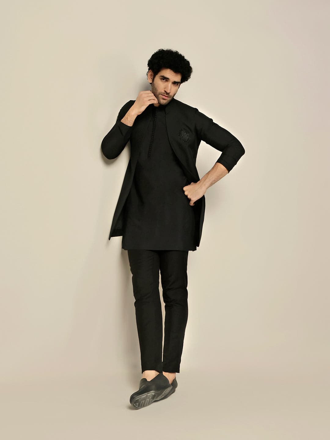 Men's Black Party Textured Kurta Jacket Set