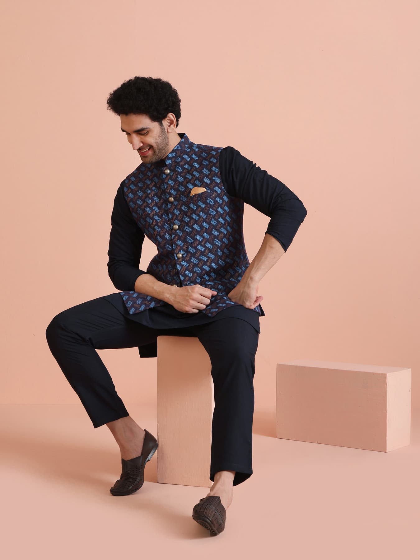 Men's Blue Party Printed Kurta Jacket Set