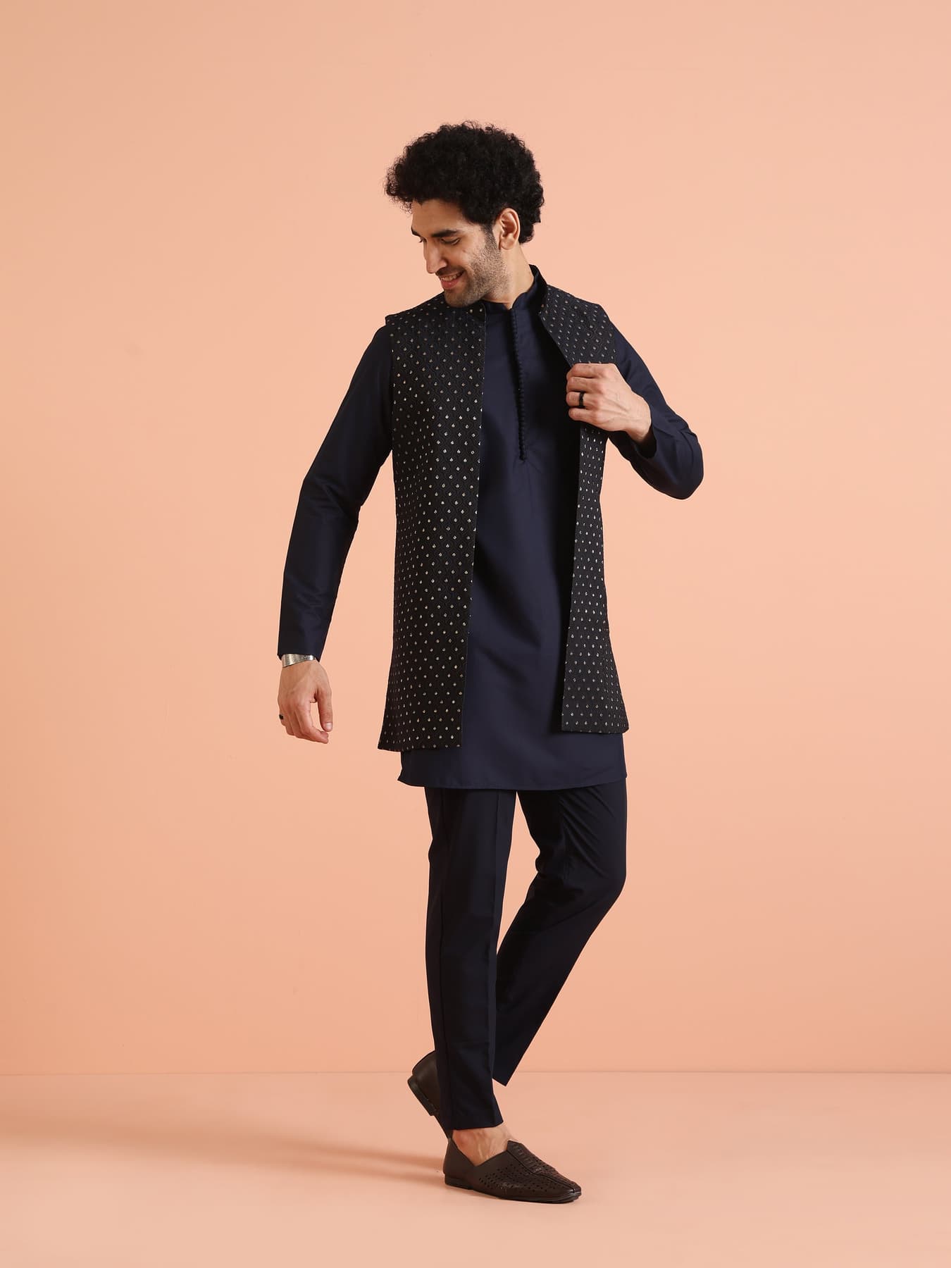 Men's Navy Blue Party Textured Kurta Jacket Set