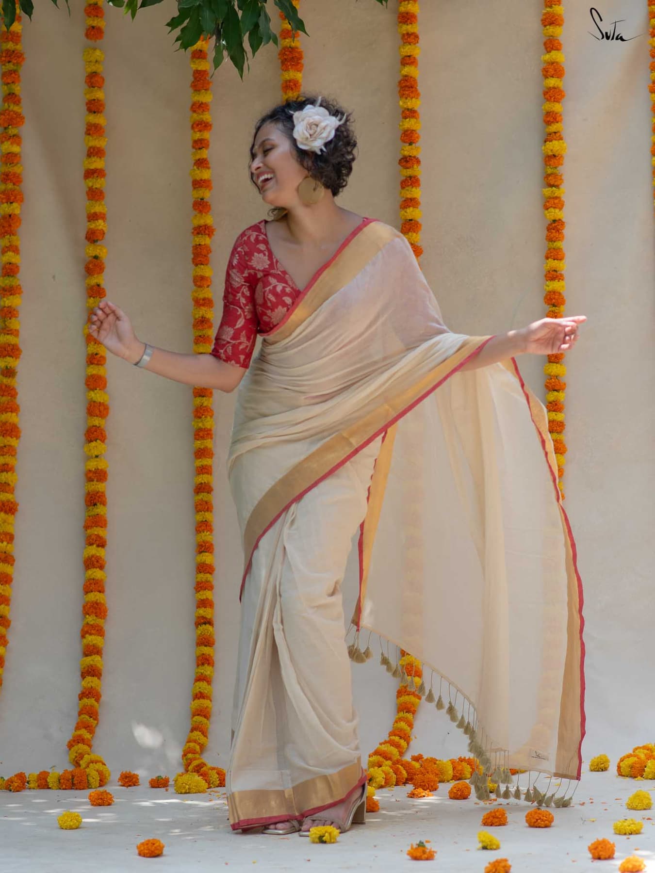 Women's White Festive Ready to Wear Saree