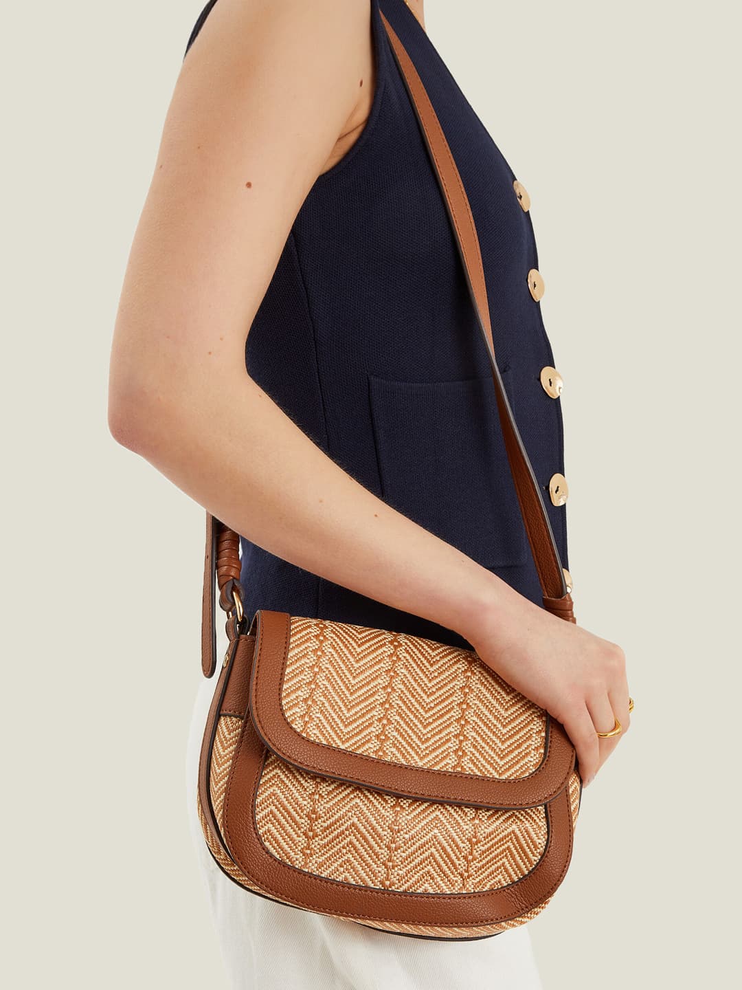 Women's Tan Casual Woven PU Sling Bag