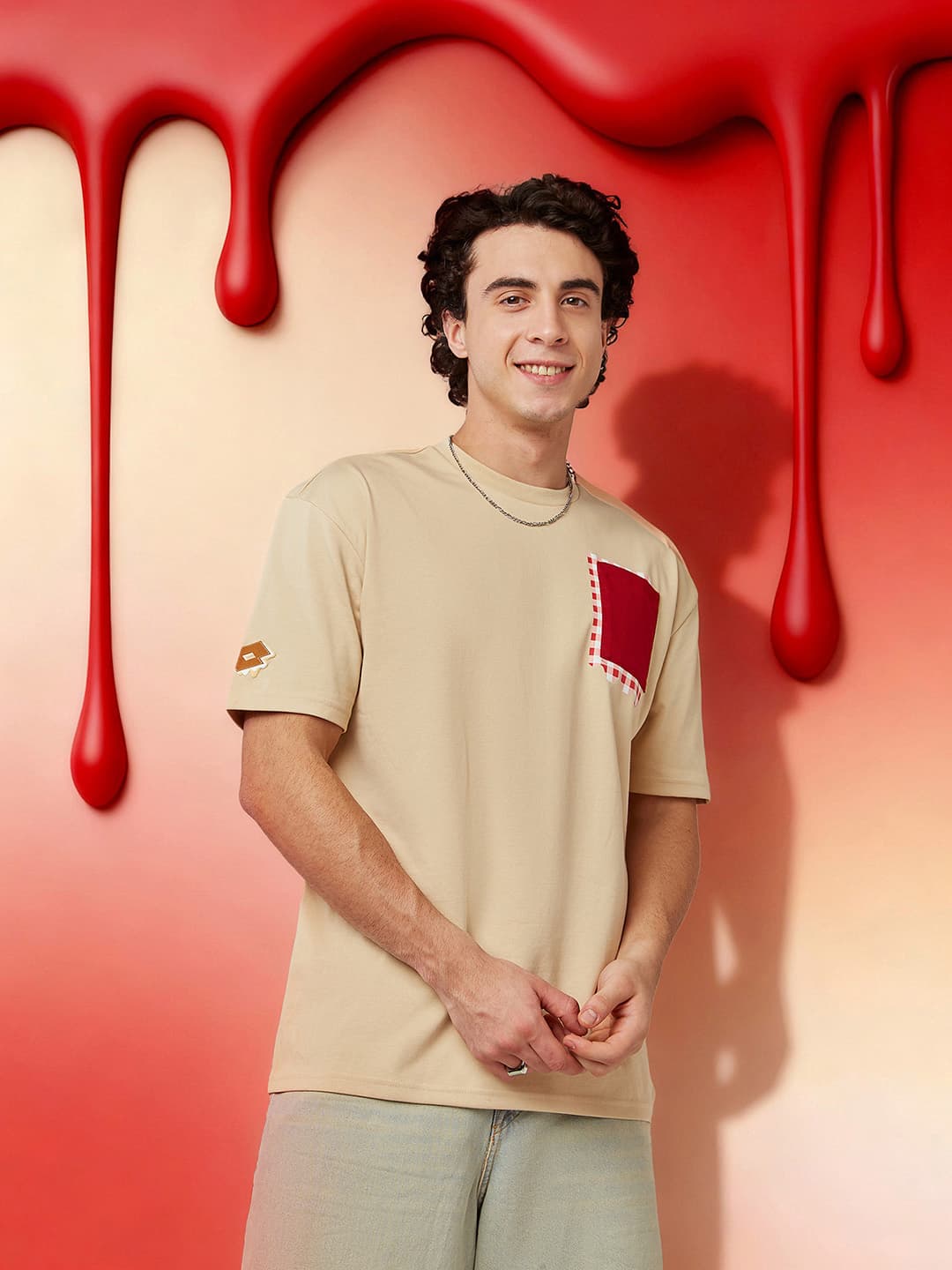 Men's Beige Casual Relaxed Half Sleeves Tshirt