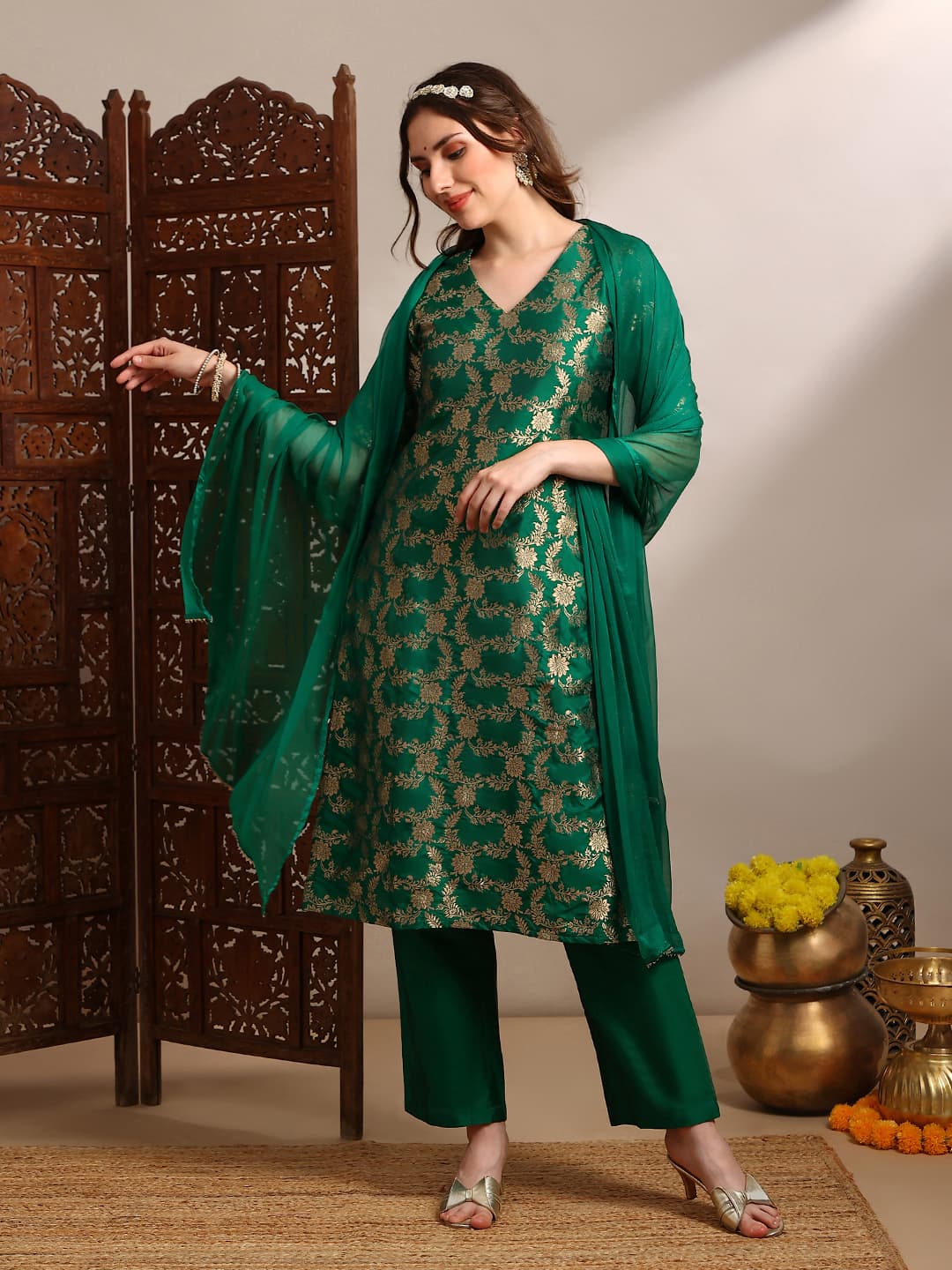 Women's Green V-Neck Floral Woven Design Straight Kurta With Pants & Taping Dupatta Festive Set