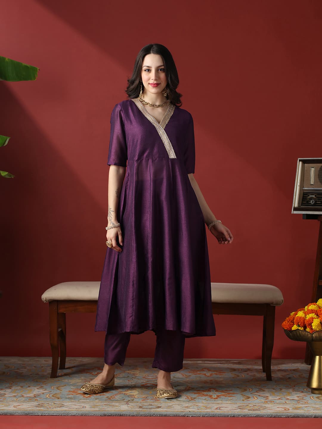 Women's Purple Lace Detail V-Neck Panelled Anarkali Kurta With Straight Pants Festive Set