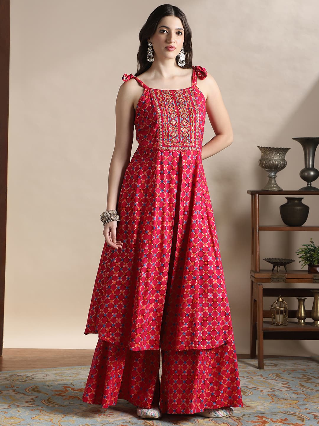 Women's Pink Coin Detail Tie-Up Embroidered Yoke Ethnic Foil Print Front Slit A-Line Kurta & Palazzos Festive Set