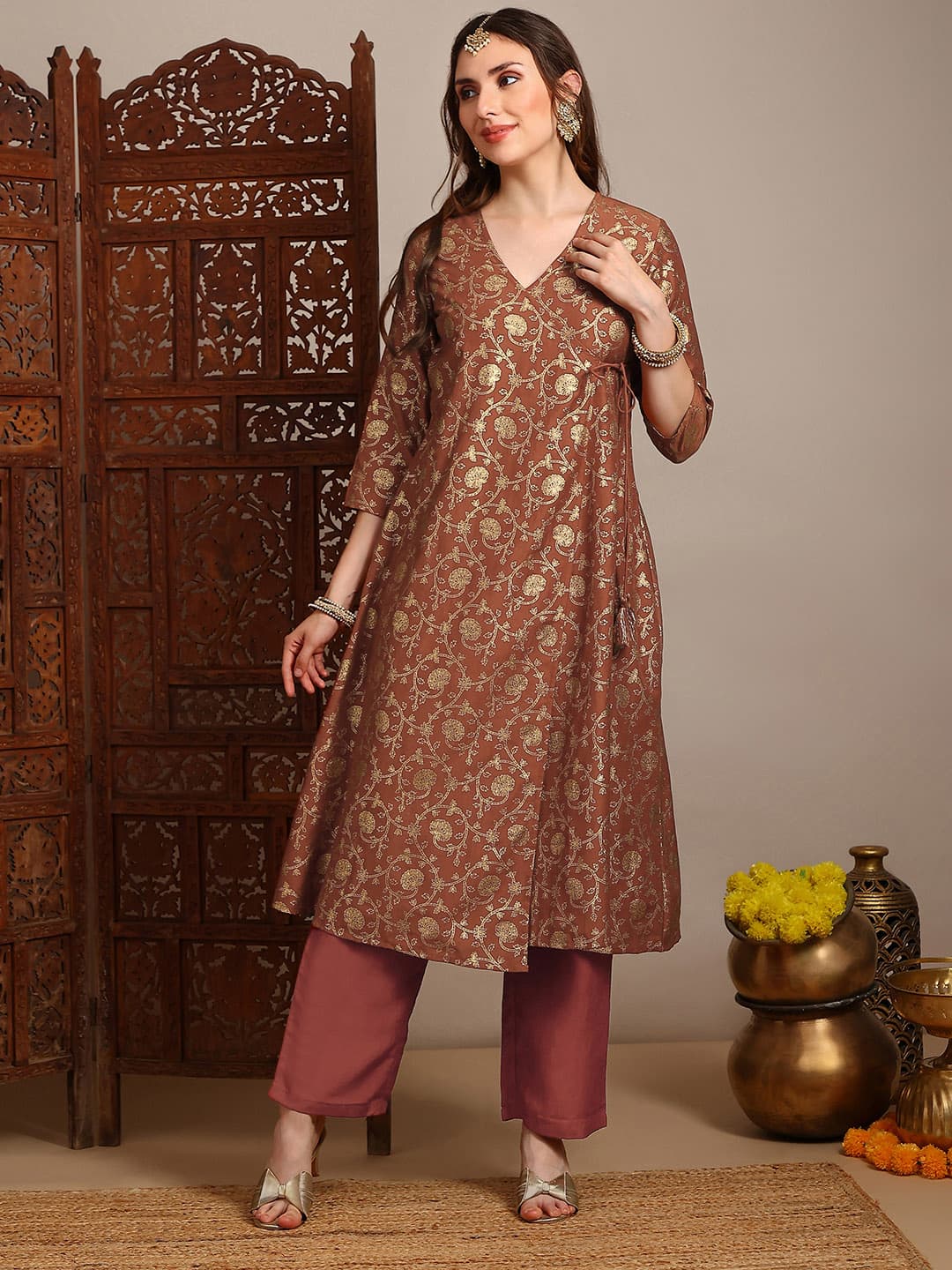 Women's Pink Casual V-Neck Gold Foil Floral Print Angrakha A-Line Kurta With Pants Festive Set