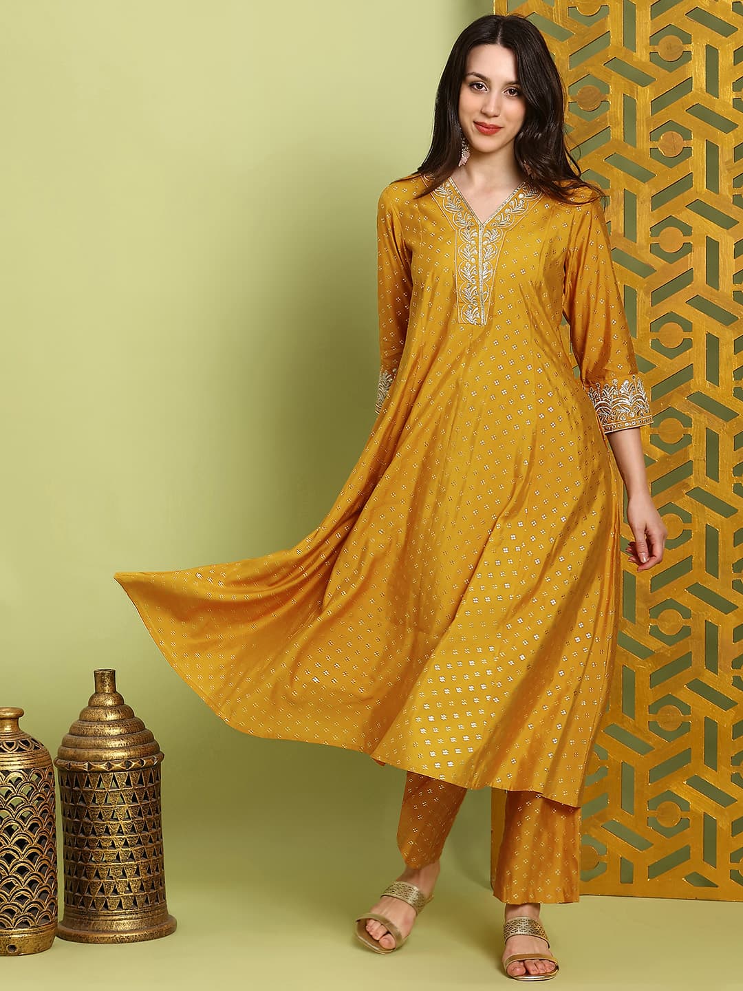 Women's Yellow Zari Embroidered V-Neck Gold Foil Print Panelled Anarkali Kurta & Wide Leg Pants Festive Set