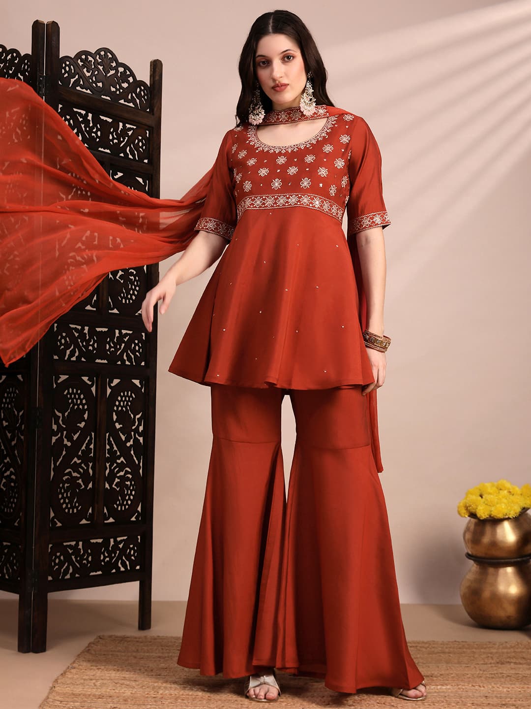 Women's Red Sequinned & Zari Embroidered Yoke Tunic & Gharara With Choker Dupatta Festive Co-Ord Se