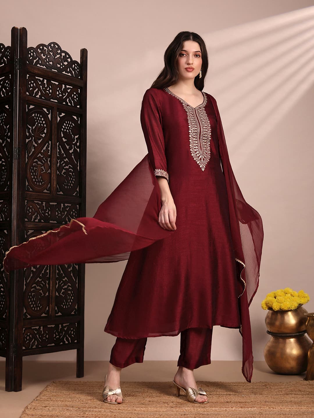 Women's Red V-Neck Sequin & Zari Embroidered Yoke A-Line Kurta With Pant & Dupatta Festive Set