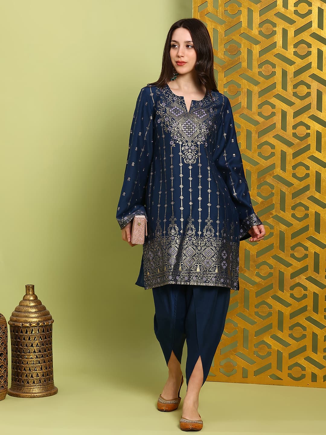 Women's Navy Blue Gold Foil Ethnic Print Straight Kurta With Dhoti Pants Festive Set