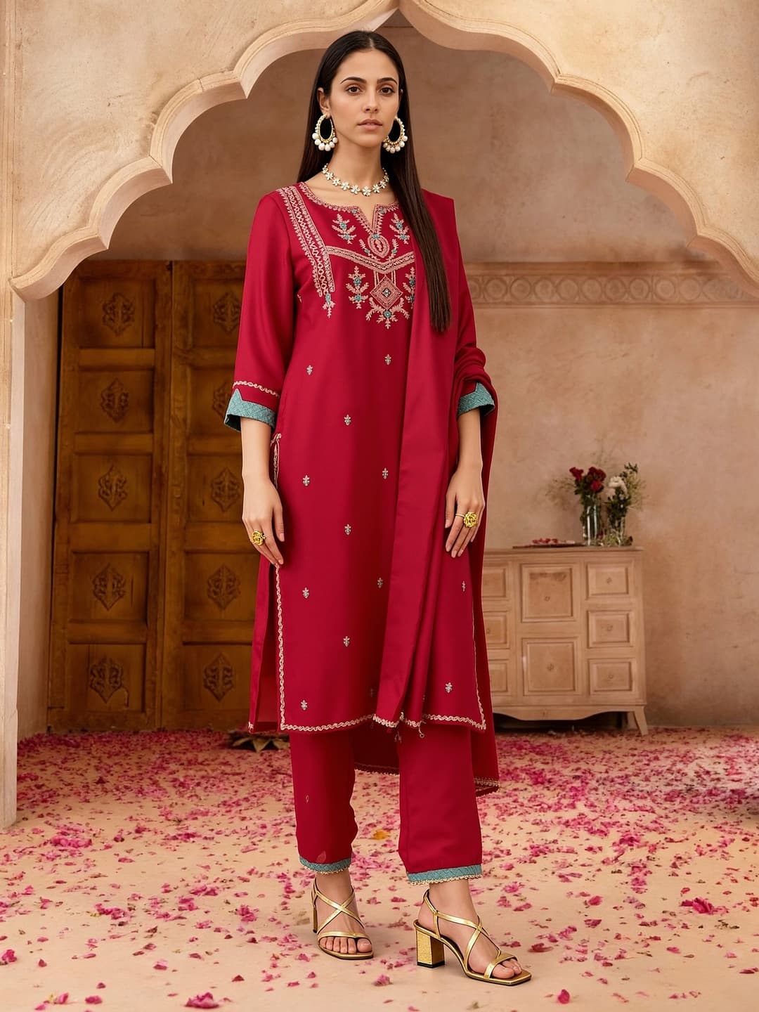 Women's Pink Zari Embroidered Yoke Straight Kurta With Wide Leg Pants & Taping Dupatta Festive Set