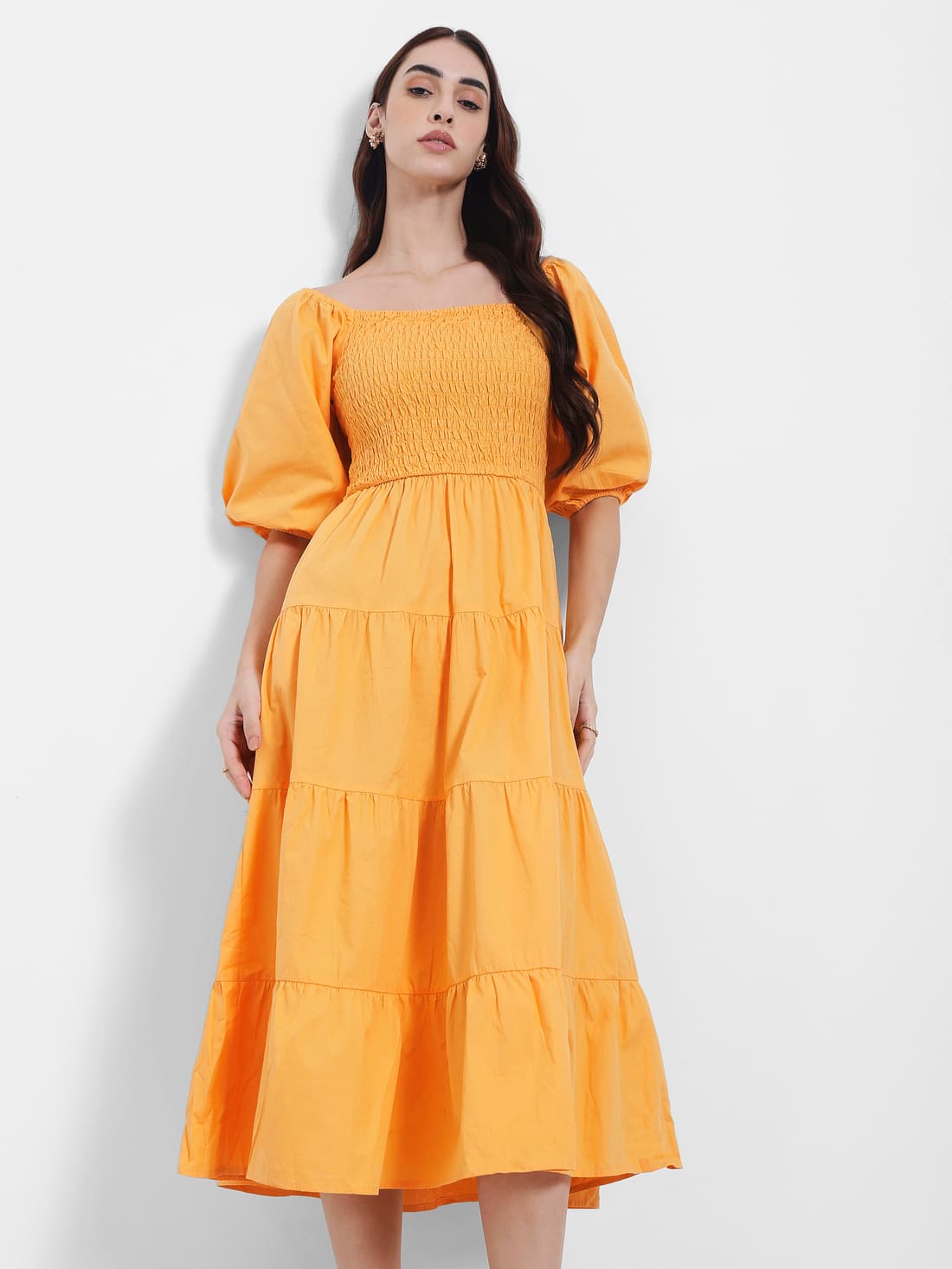 Women's Yellow Casual Solid Fit & Flared Midi Dress