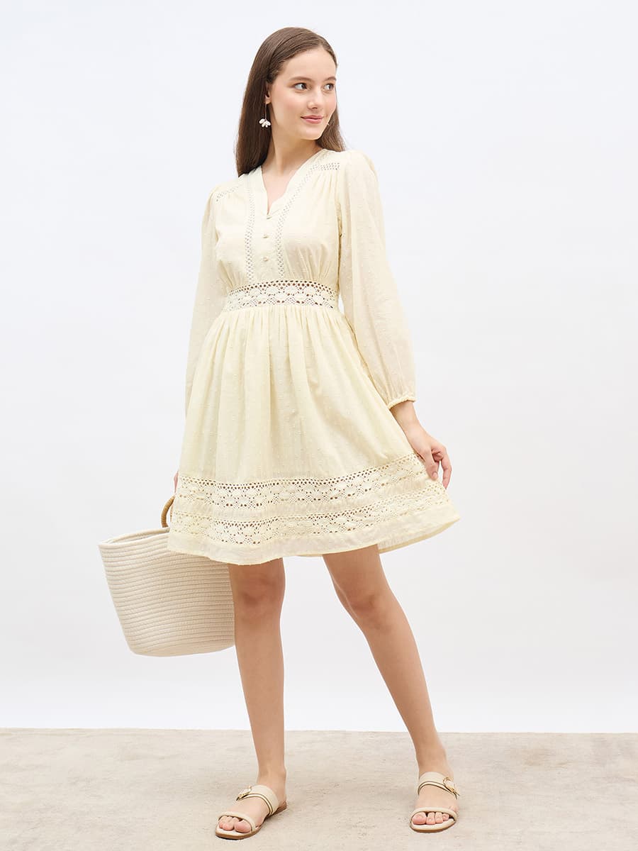 Women's Cream Casual Self-Design V-Neck A-Line Mini Dress