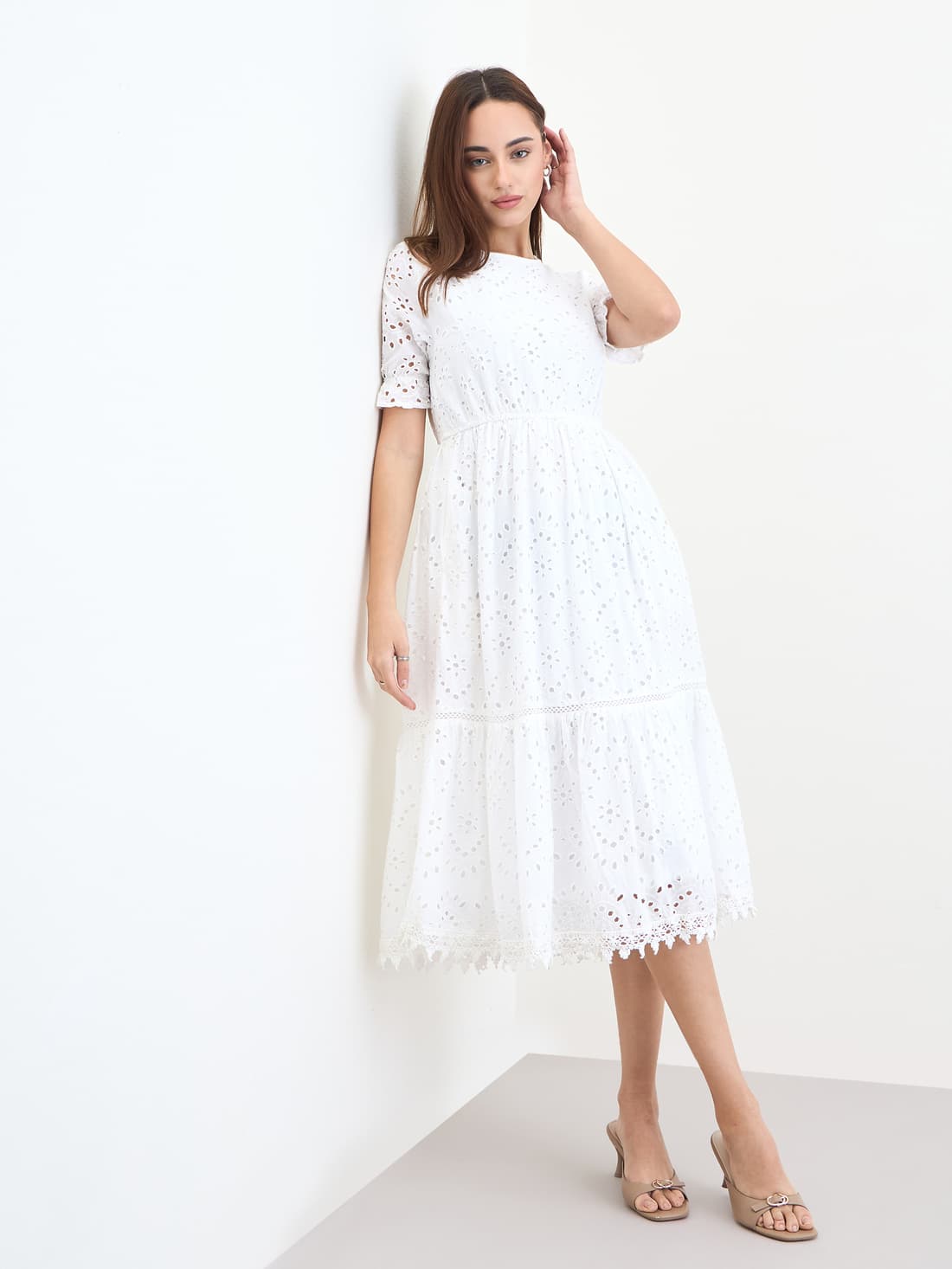 Women's White Casual Self-Design A-Line Dress