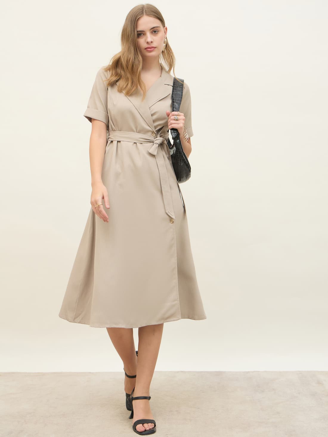 Women's Beige Casual Solid Fit & Flared Notched Lapel Dress
