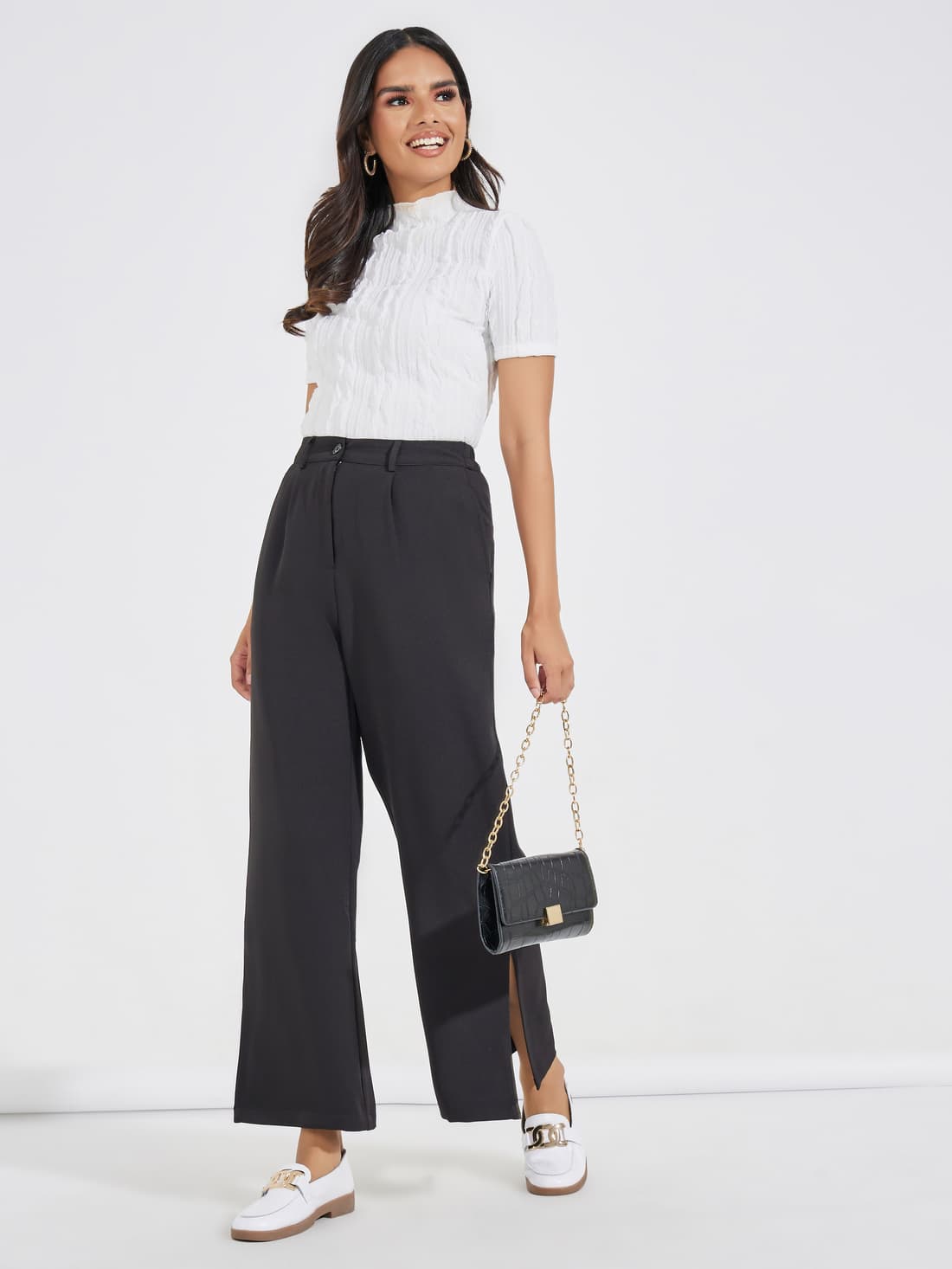 Women's Black Casual Solid High Rise Wide Legs Pants With Side Slit