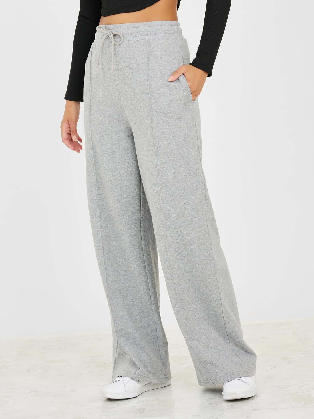 Women's Grey Casual Solid Pintuck Drawstring Waistband Wide Leg Jogger