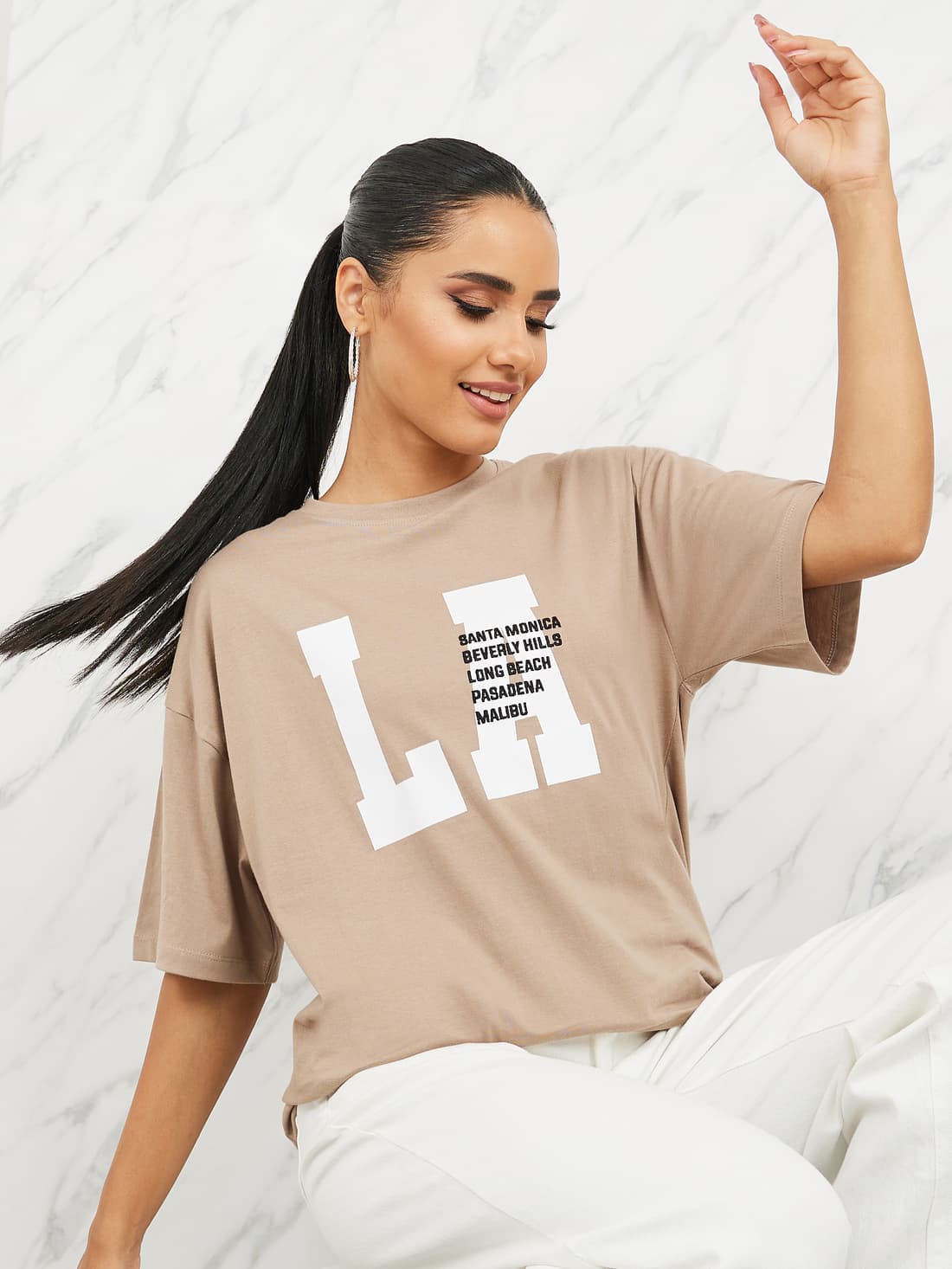Women's Beige Casual Printed Oversized Fit Tshirt
