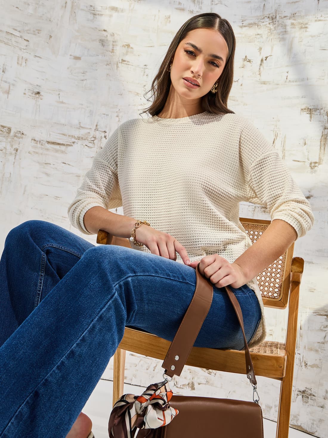 Women's Cream Casual Self-Design Oversized Fit Tshirt