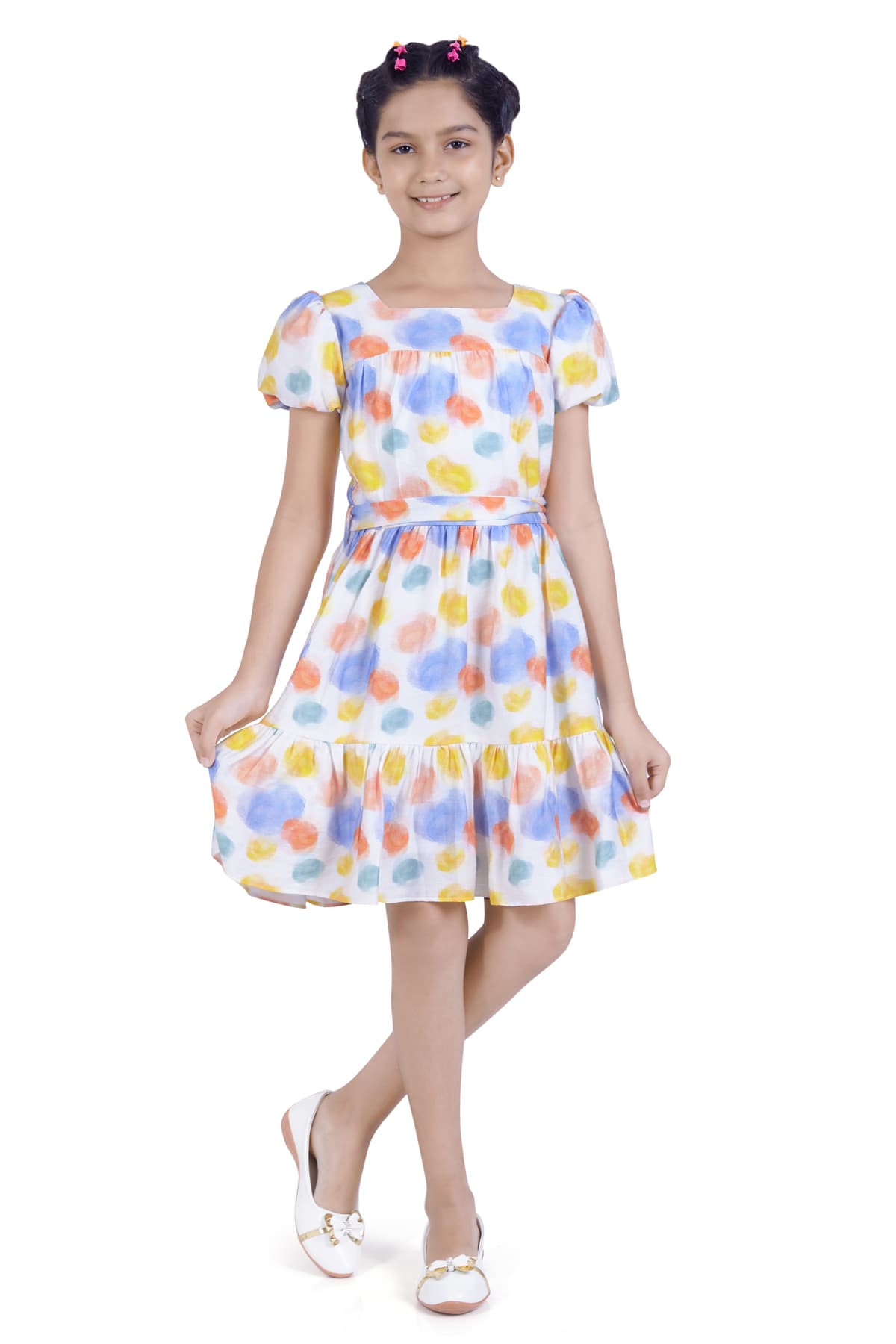 Girls Off White Casual Puff Sleeves Printed Dress