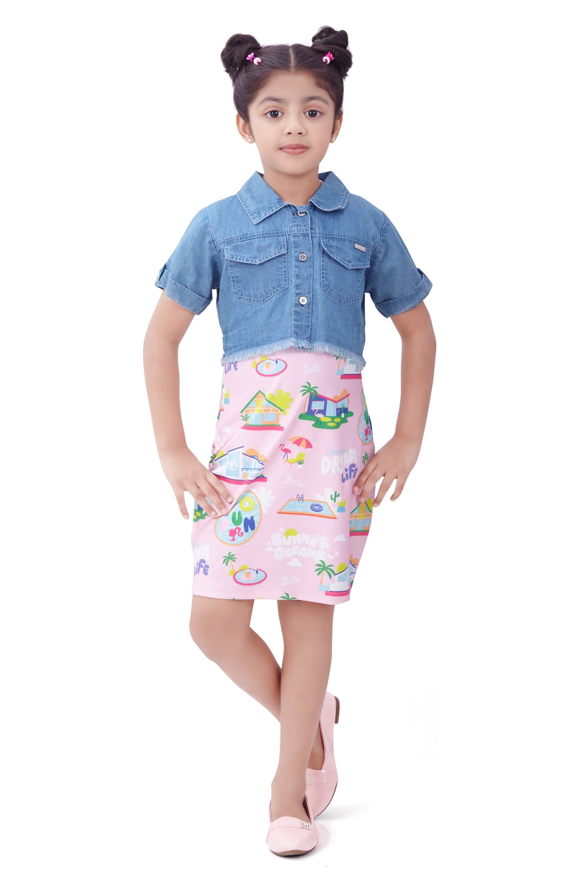 Girls Pink Casual Half Sleeves Soild Jacket with Printed Dress