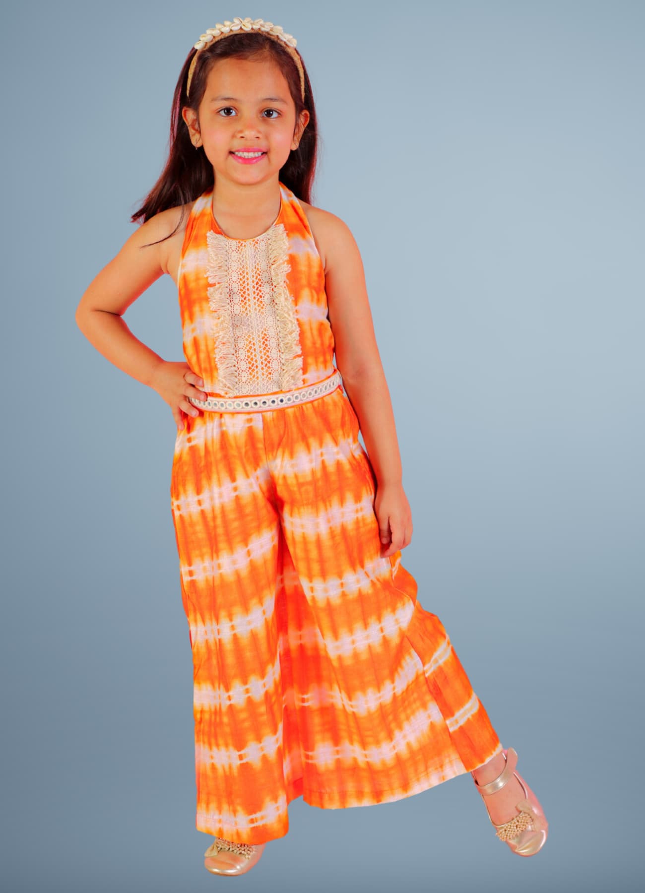 Girls Orange Festive Sleeveless Shibori Jumpsuit