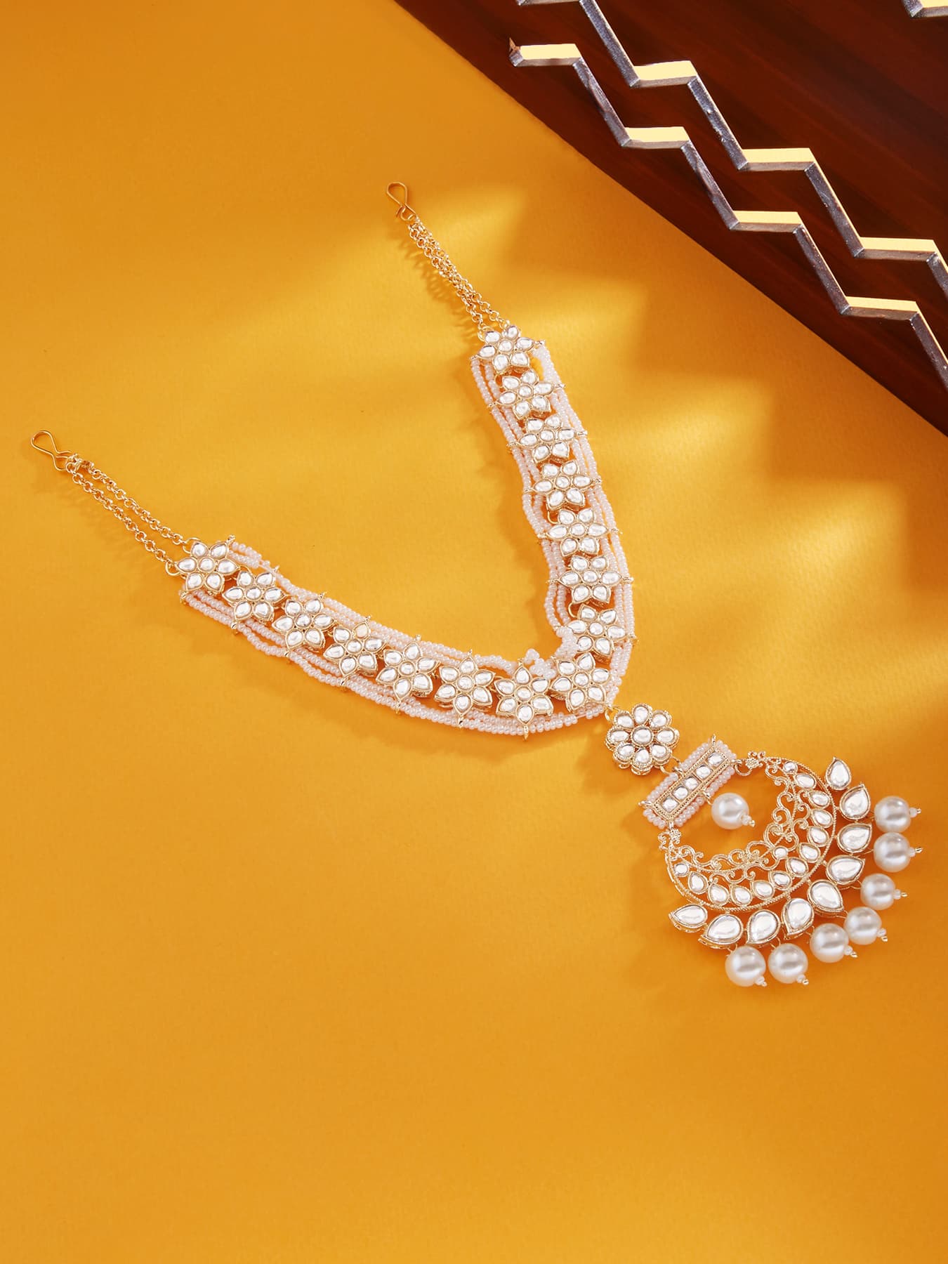 Women's Gold Tone Floral Kundan and Pearls Bridal Matha Patti Style Maangtikka