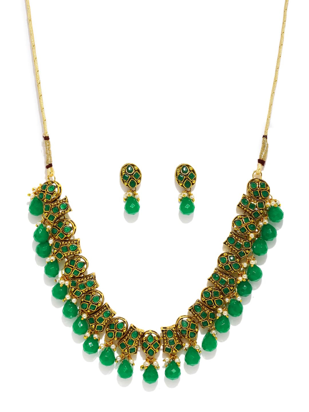 Women's Green Stones and Beads Drop Antique Plating Traditional Necklace and Earring Set