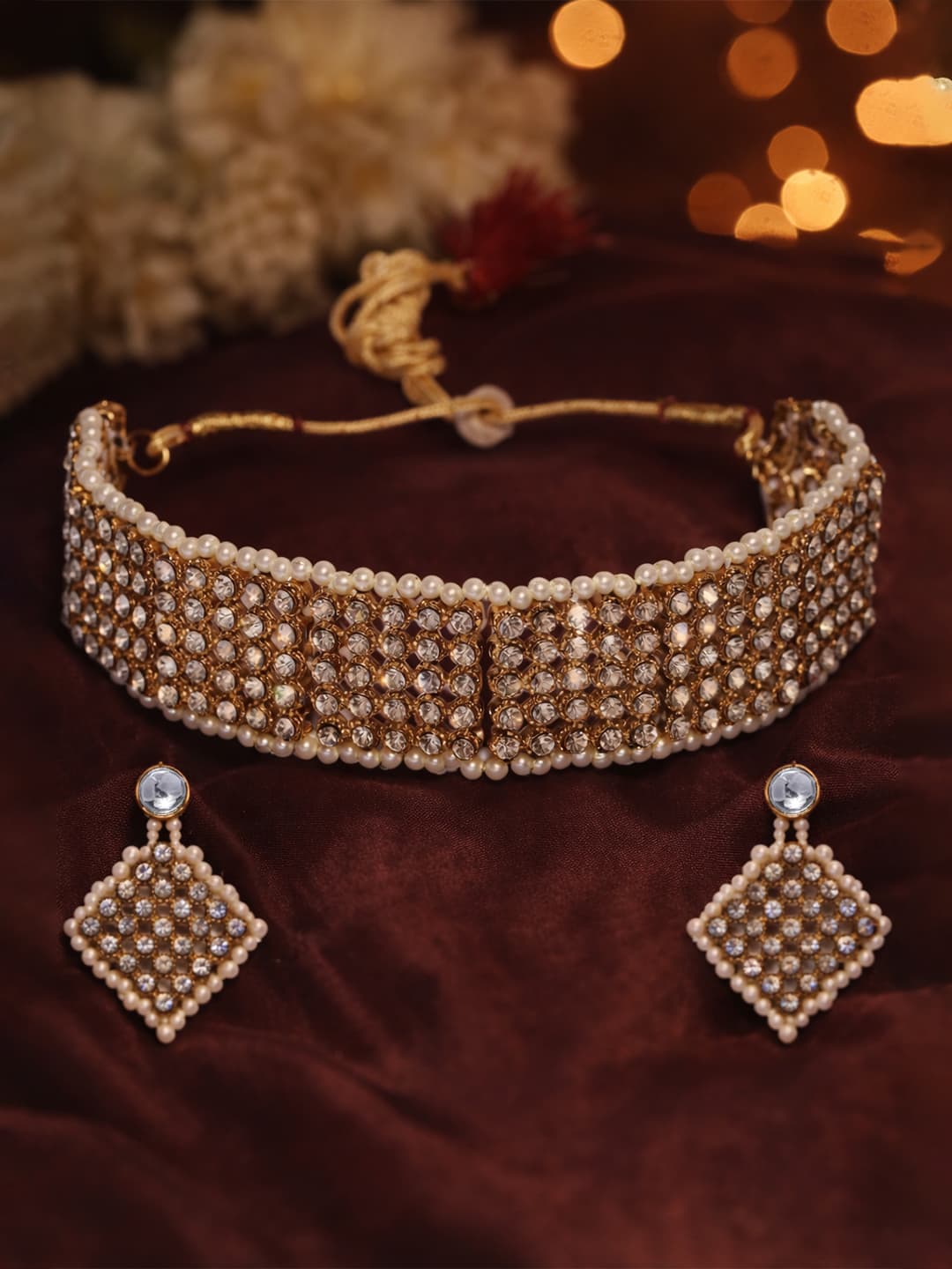 Women's Gold Tone Sparkling Austrian Diamonds Stylish Choker Necklace Earring Set