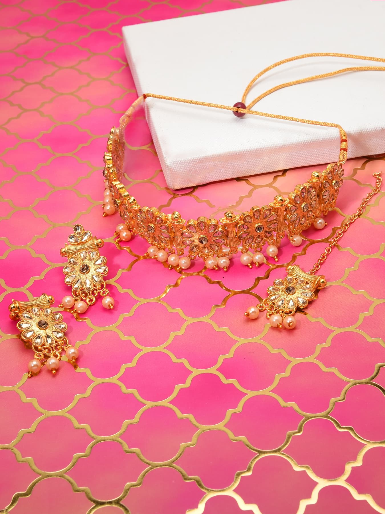 Women's Gold Tone Flowers and Pearls Choker Necklace, Earring and Maangtikka Set