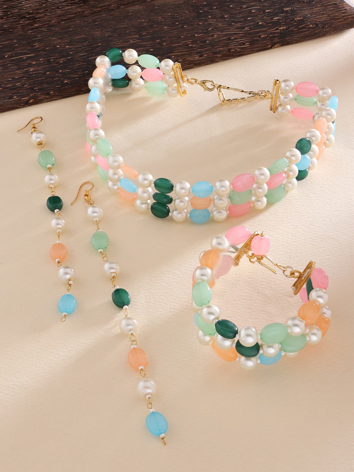 Women's Multicolor Multi Strands Beaded Choker Necklace Earring and Bracelet Set