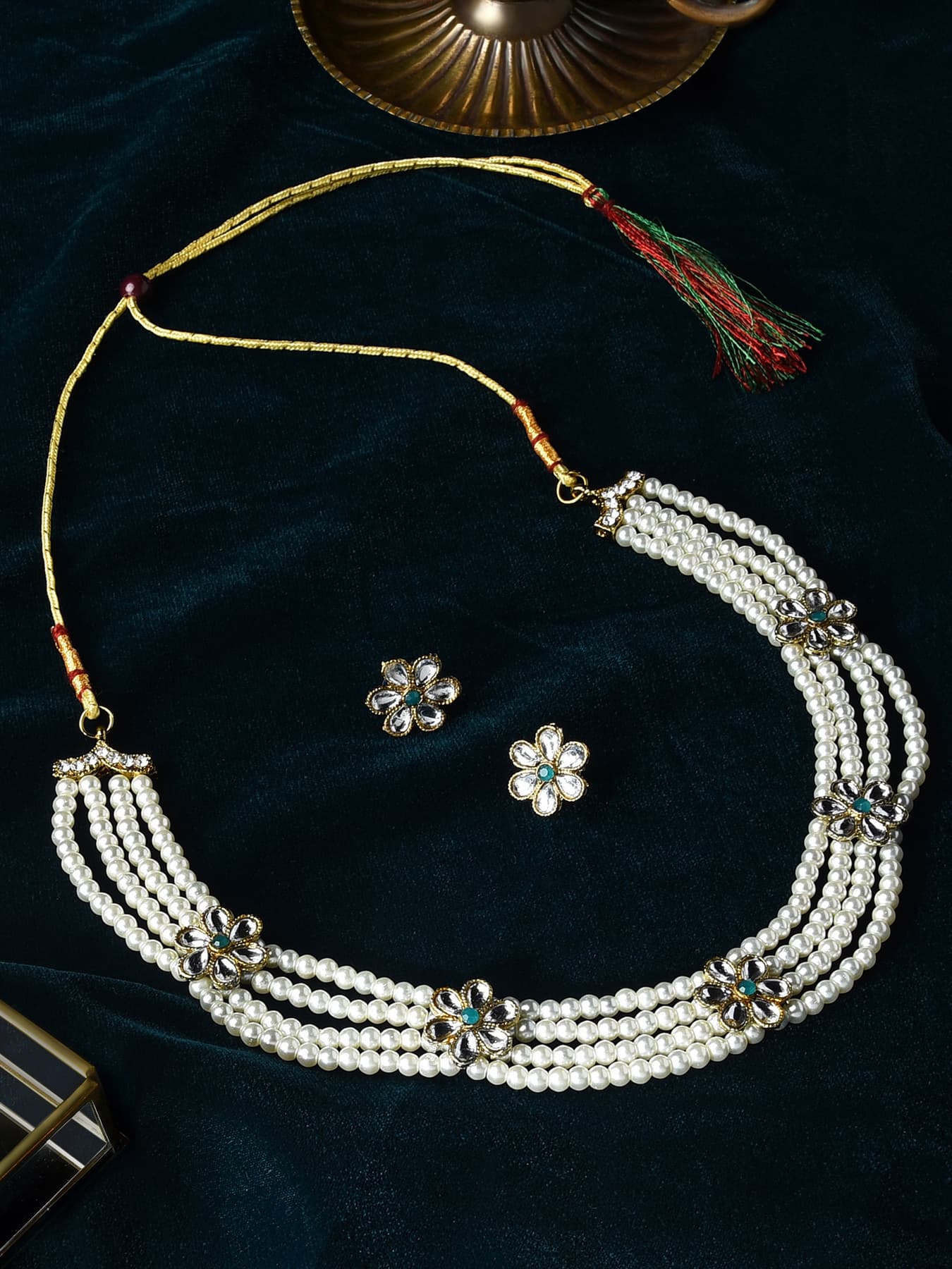 Women's Gold Tone Kundan Flowers Multistrand Pearls Necklace and Earring Set