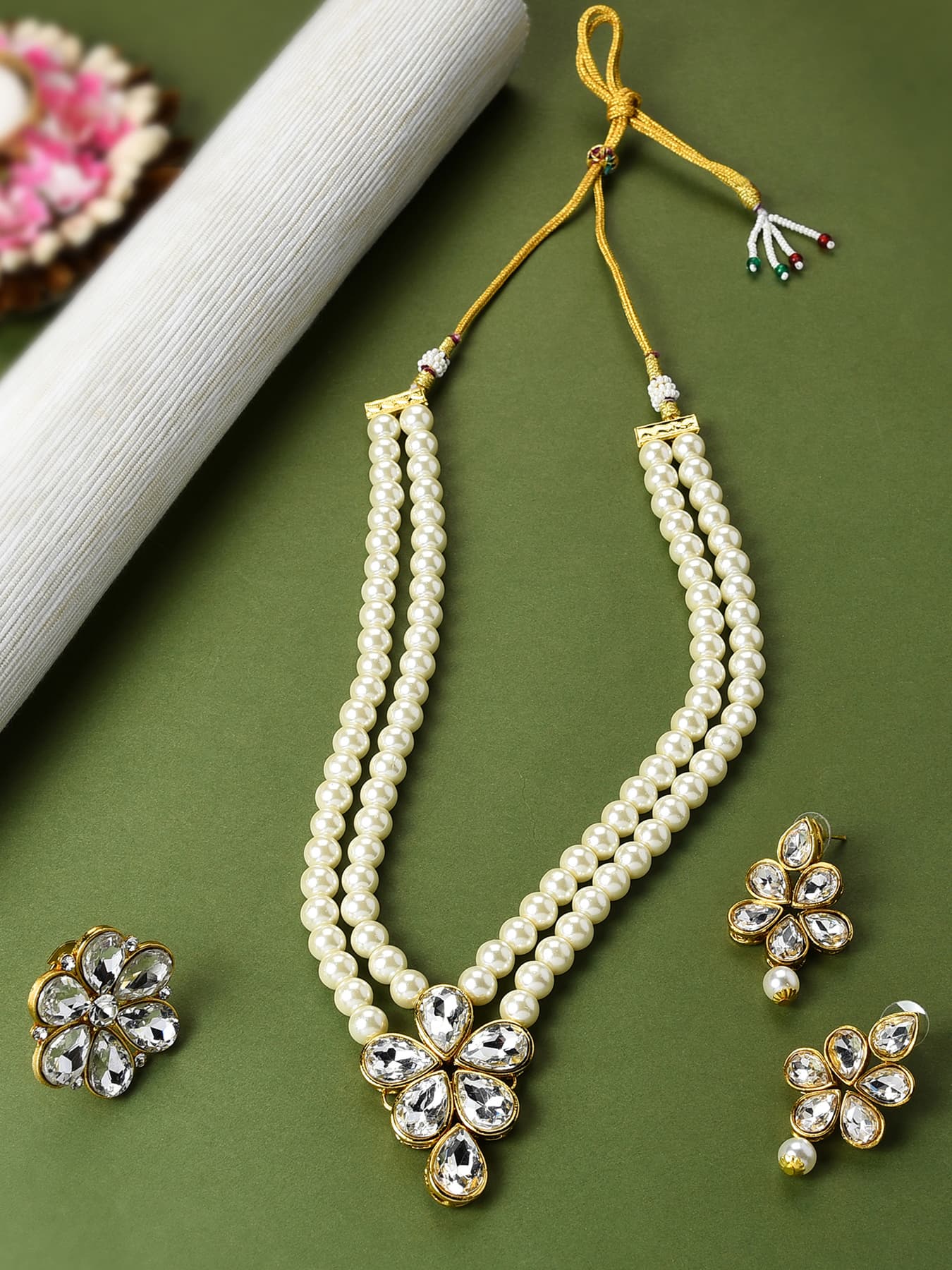 Women's Gold Tone Multistrand Pearls Ethnic Necklace Earring and Ring Set