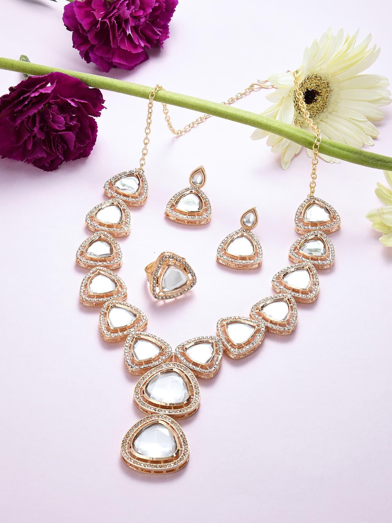 Women's Gold Tone Artificial Stones and Austrian Diamonds Necklace Earring and Ring Set