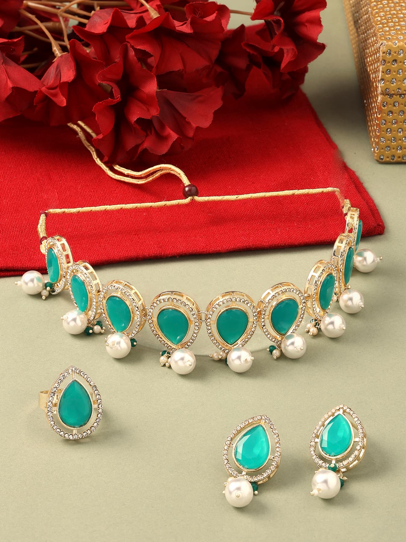 Women's Green Austrian Diamonds and Stones Choker Necklace Earring and Ring