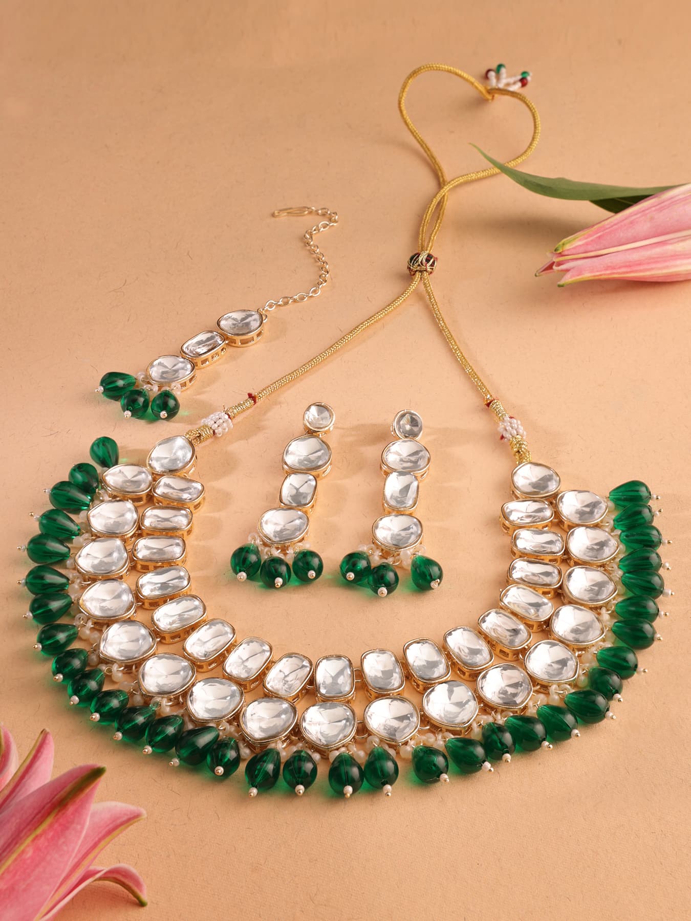 Women's Green Beads Drop Dazzling Stones Statement Choker Necklace Earring Maangtikka Set