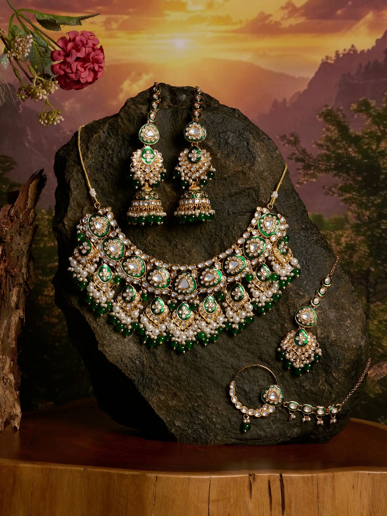 Women's Green Meenakari Dazzling Stones Bridal Choker Necklace Earring Maangtikka and Nose Ring Set