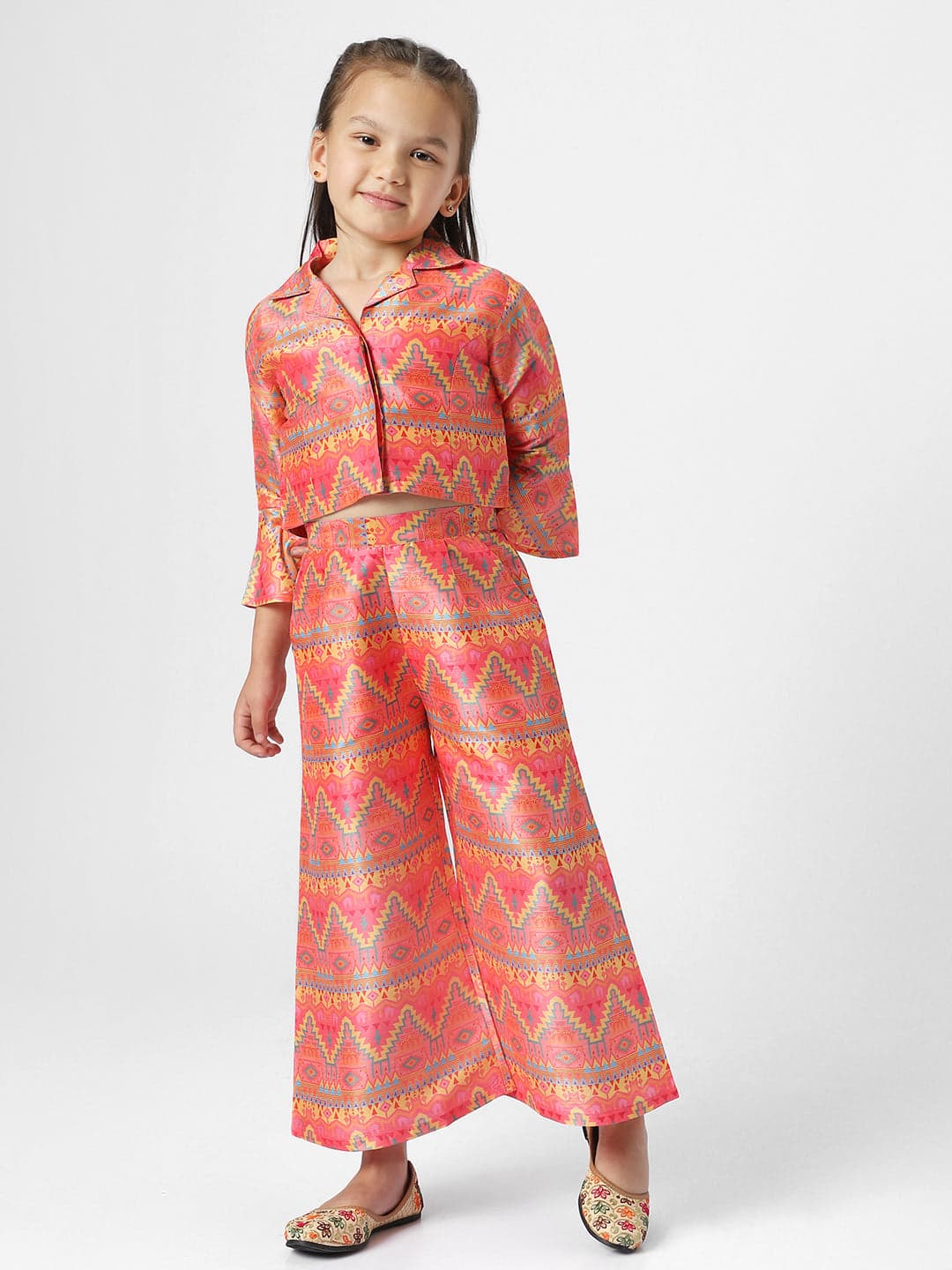 Girls Orange Festive Printed Western Clothing Set