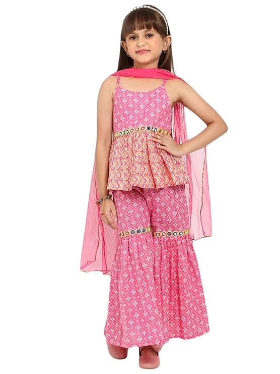 Girls Pink Festive Geometric Shoulder Strap Clothing Set