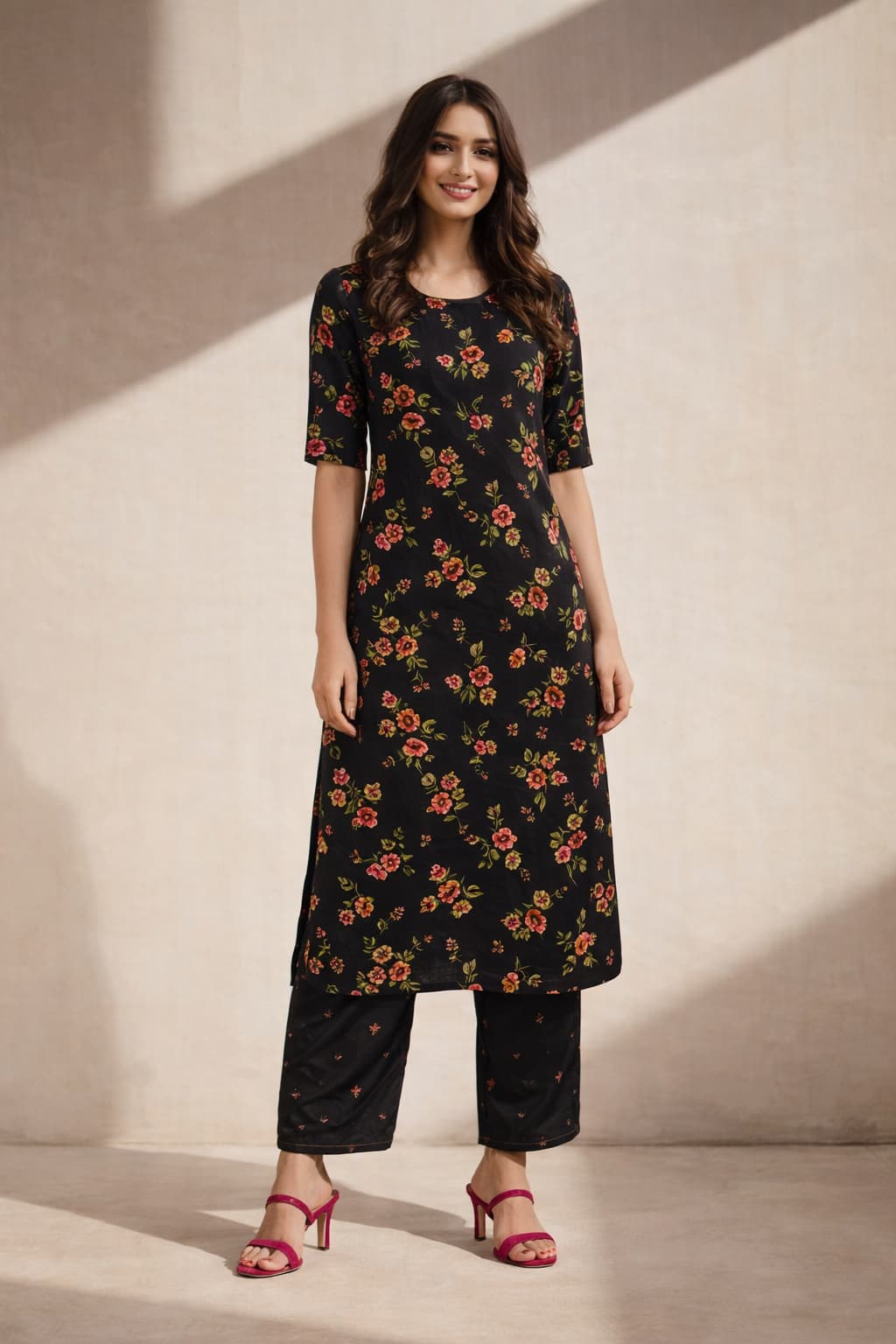 Women's Black Casual Floral Printed Kurta Set