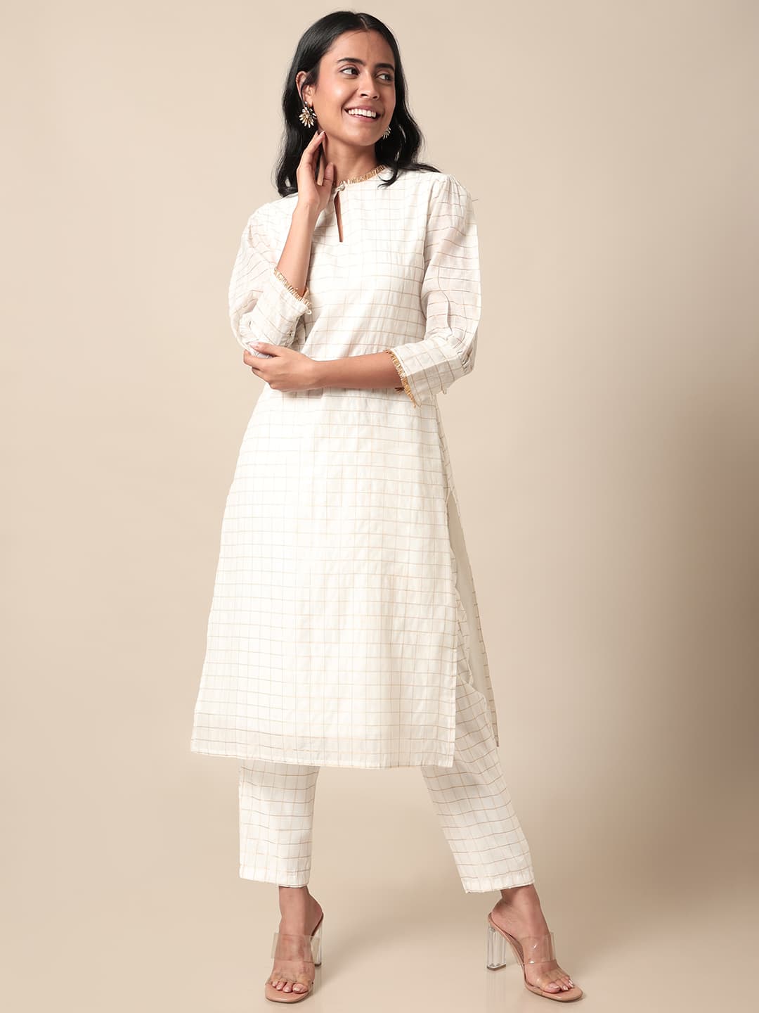 Women's Off White and Gold Casual Chequered Kurta Set
