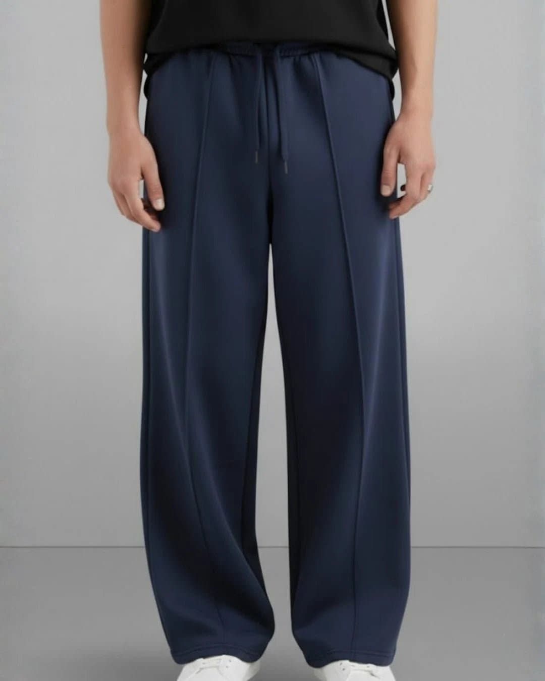 Unisex Navy Casual Solid Mid Rise Wide Leg Lounge Pant