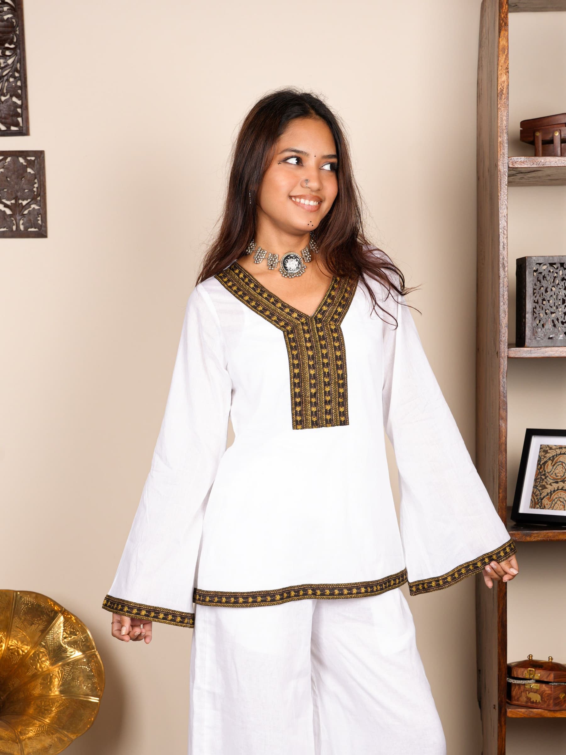 Women's White Casual Full Sleeves Regular Fit Sasi Mul Cover-Up Kurti