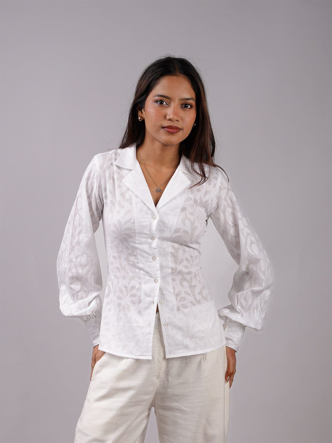 Women's White Casual Full Sleeves Regular Fit Safa Jacquard Corset Shirt