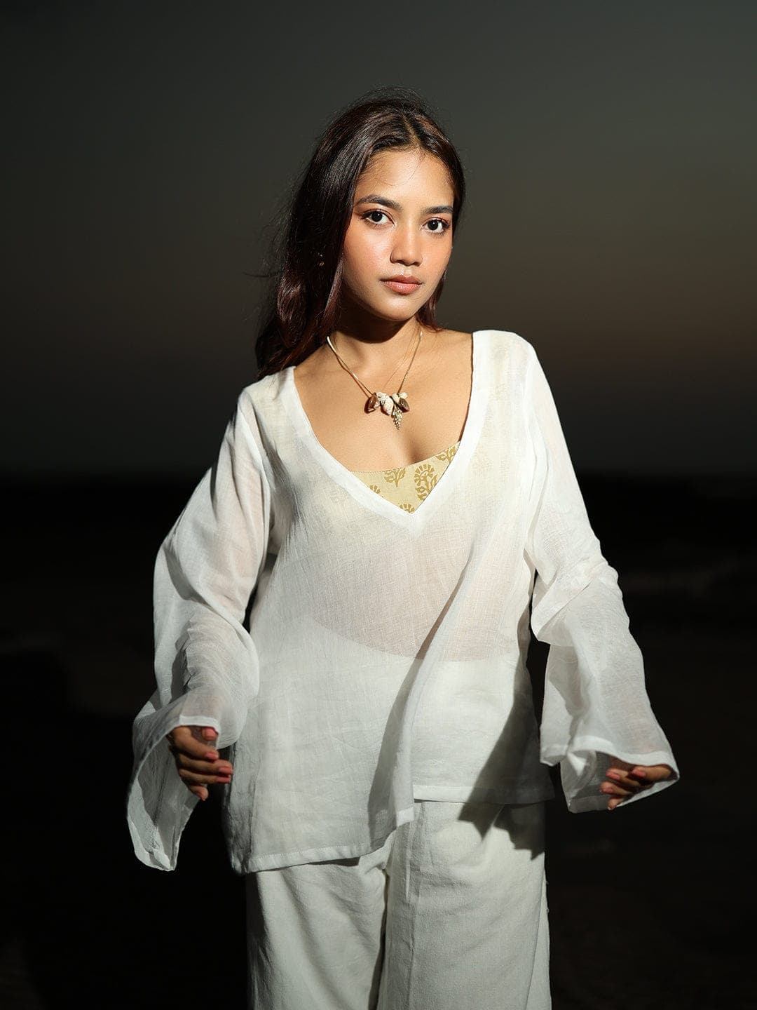 Women's White Casual Full Sleeves Oversized Fit Gunj Mul cover up