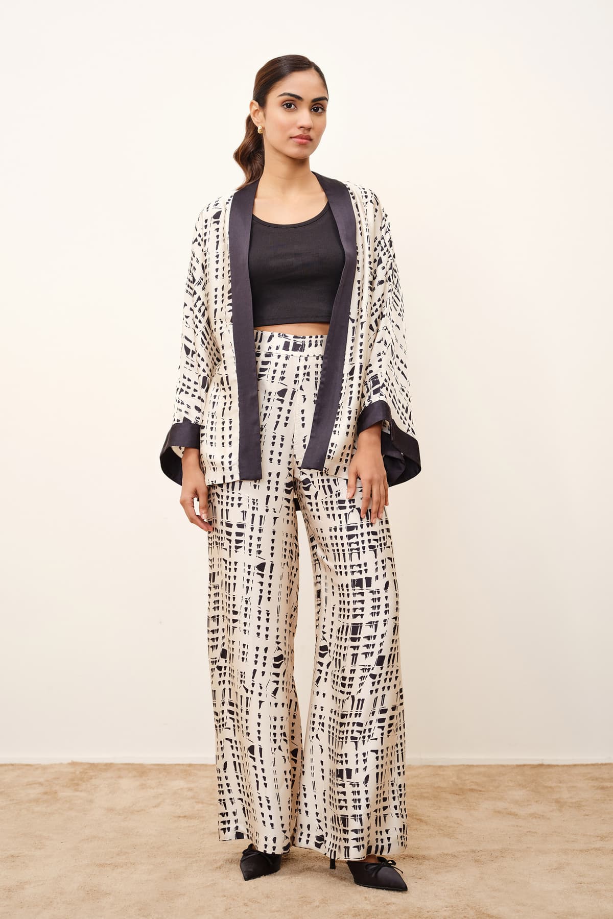 Women's Beige Casual Printed Three Quarter Sleeves Co-ords Set