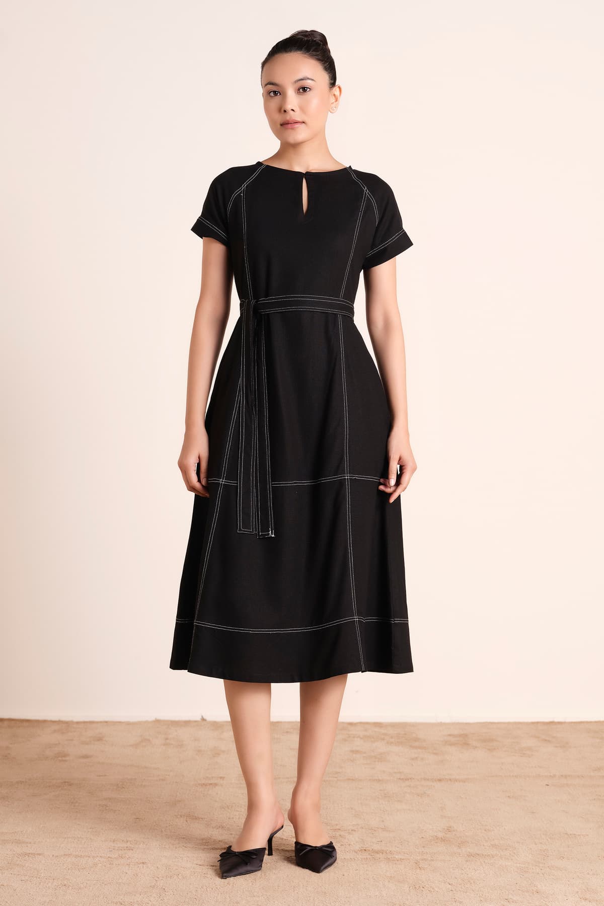 Women Black Viscose Rayon Casual Fit and Flare Round Neck Solid Dress