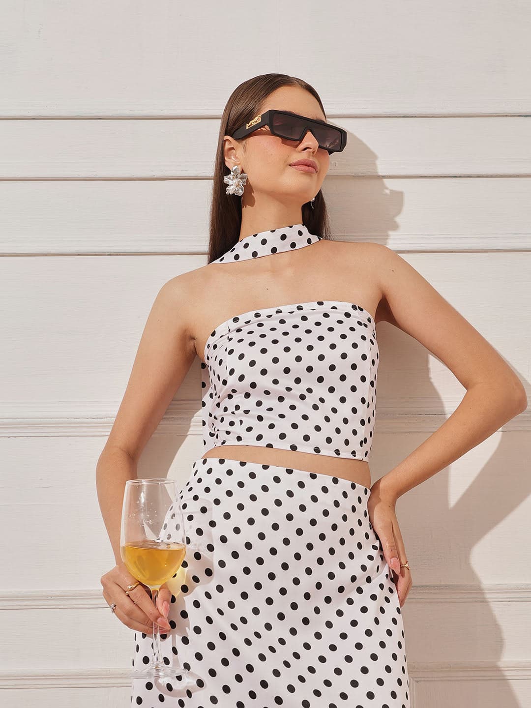 Women's White Casual Polka Dot Halter Neck Top